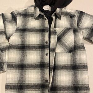 Zara plaid black/white kids zipper and button jacket/coat with hoodie.